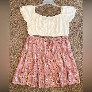 SHEIN Plus Size Off Shoulder Frill Trim Top & White & Floral Layered Skirt Set